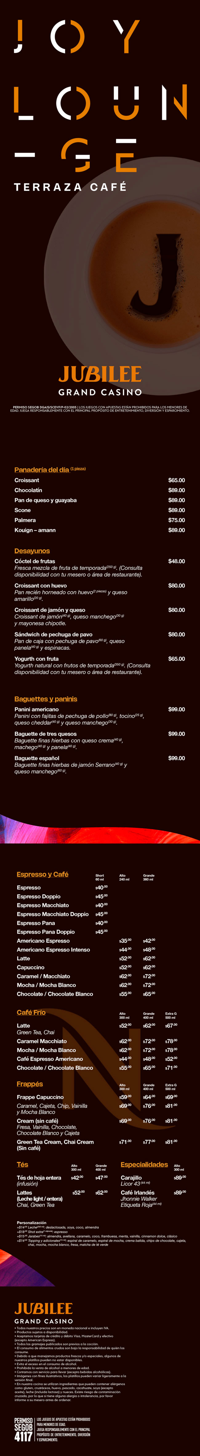 Menú Digital del Joy Lounge de Jubilee Grand Casino
